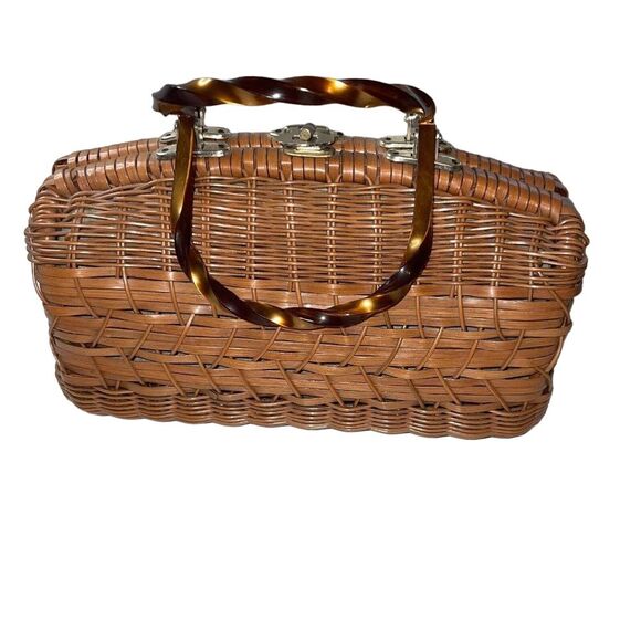 VTG Simon Styled By Mister Earnest Wicker Handbag w Acrylic Handles Weave Brown‎ - Picture 1 of 13